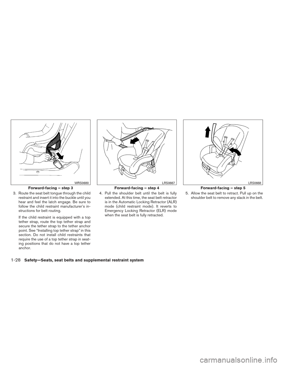 NISSAN SENTRA 2013 B17 / 7.G Owners Manual 3. Route the seat belt tongue through the childrestraint and insert it into the buckle until you
hear and feel the latch engage. Be sure to
follow the child restraint manufacturer’s in-
structions f NISSAN SENTRA 2013 B17 / 7.G Owners Manual 3. Route the seat belt tongue through the childrestraint and insert it into the buckle until you
hear and feel the latch engage. Be sure to
follow the child restraint manufacturer’s in-
structions f