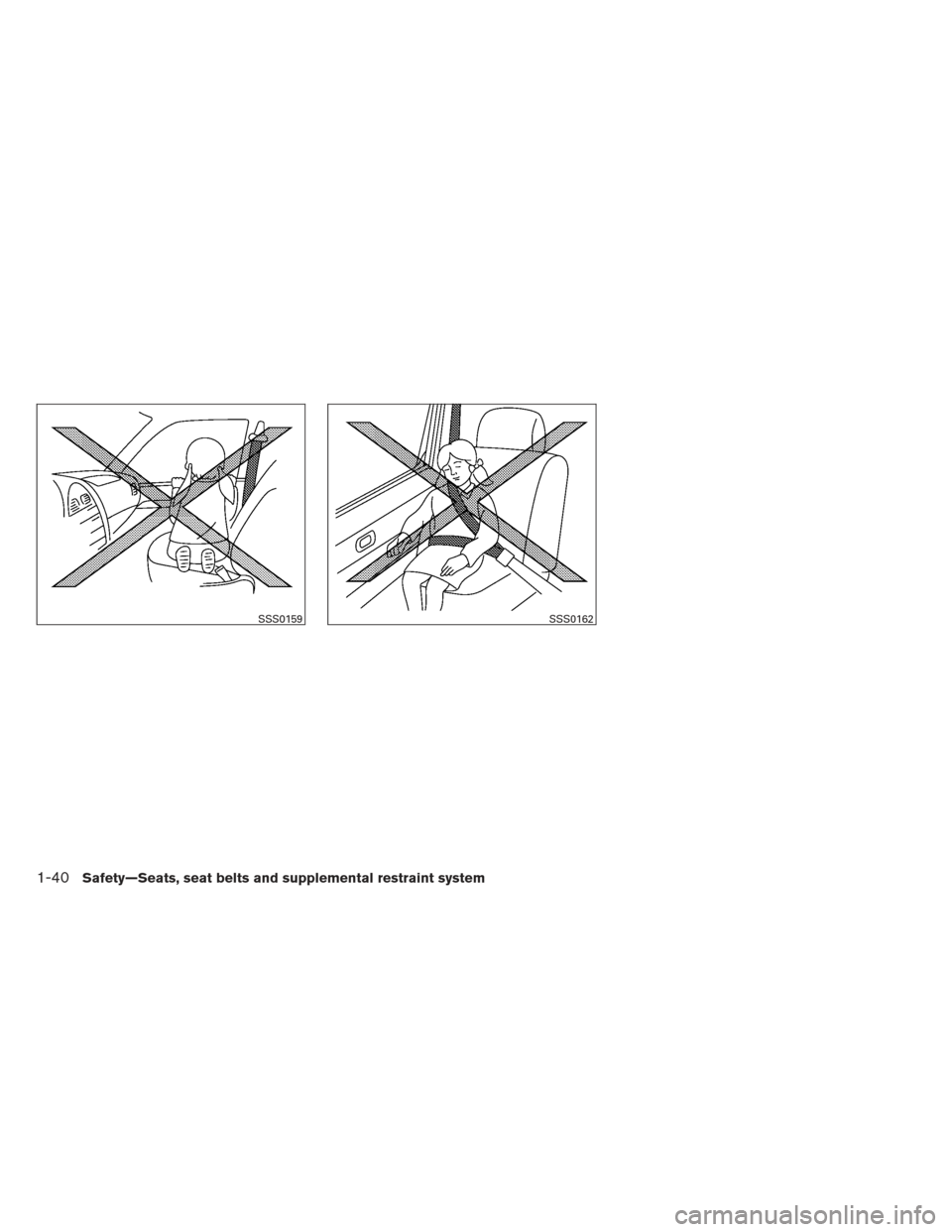 NISSAN SENTRA 2013 B17 / 7.G Owners Manual SSS0159SSS0162
1-40Safety—Seats, seat belts and supplemental restraint system 
