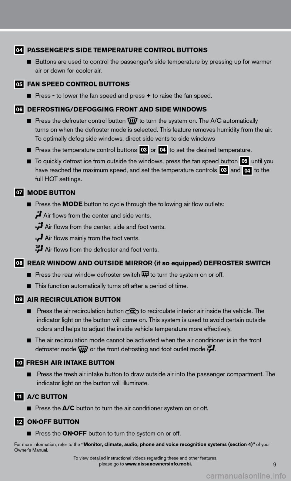 NISSAN SENTRA 2013 B17 / 7.G Quick Reference Guide 04 PaSSeN Ge r ’S SiDe T eM P eraT ure C o NT rol Bu TTo NS
Buttons are used to control the passenger
’s side temperature by pressing up for warmer
air or down for cooler air.
05 Fa N SP NISSAN SENTRA 2013 B17 / 7.G Quick Reference Guide 04 PaSSeN Ge r ’S SiDe T eM P eraT ure C o NT rol Bu TTo NS
Buttons are used to control the passenger
’s side temperature by pressing up for warmer
air or down for cooler air.
05 Fa N SP