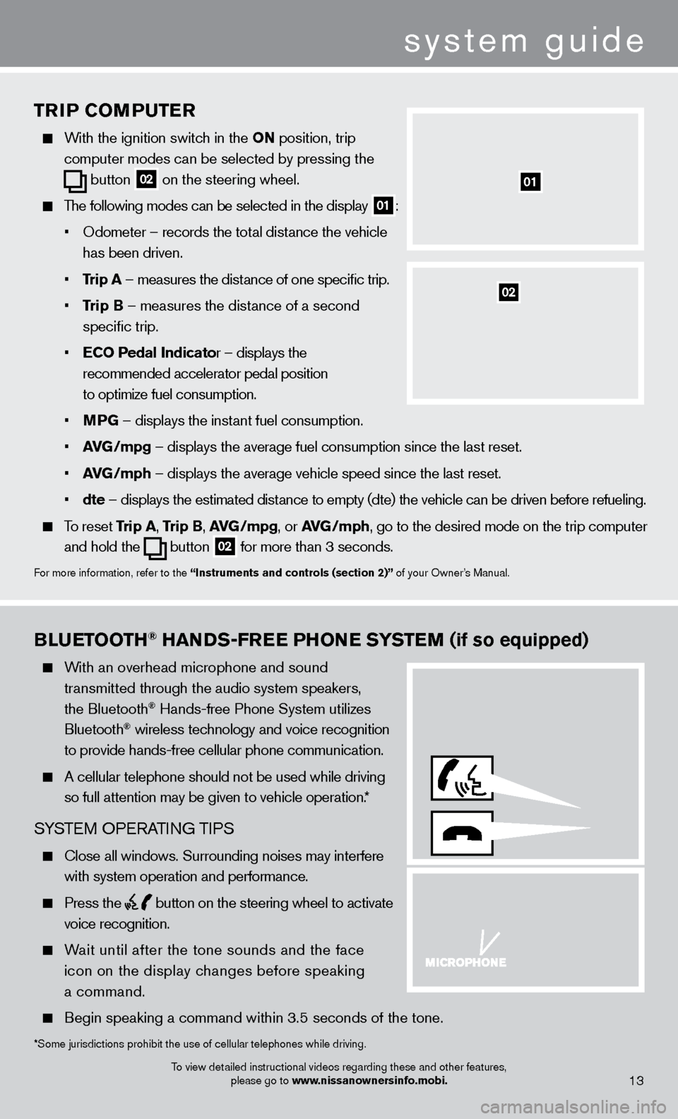 NISSAN SENTRA 2013 B17 / 7.G Quick Reference Guide system guide
11
BlueTooTH® HaNDS-Free PHo Ne SYST eM (if so equipped)
With an overhead microphone and sound
t
ransmitted through the audio system speakers,
the Bluetooth® Hands-free NISSAN SENTRA 2013 B17 / 7.G Quick Reference Guide system guide
11
BlueTooTH® HaNDS-Free PHo Ne SYST eM (if so equipped)
With an overhead microphone and sound
t
ransmitted through the audio system speakers,
the Bluetooth® Hands-free
