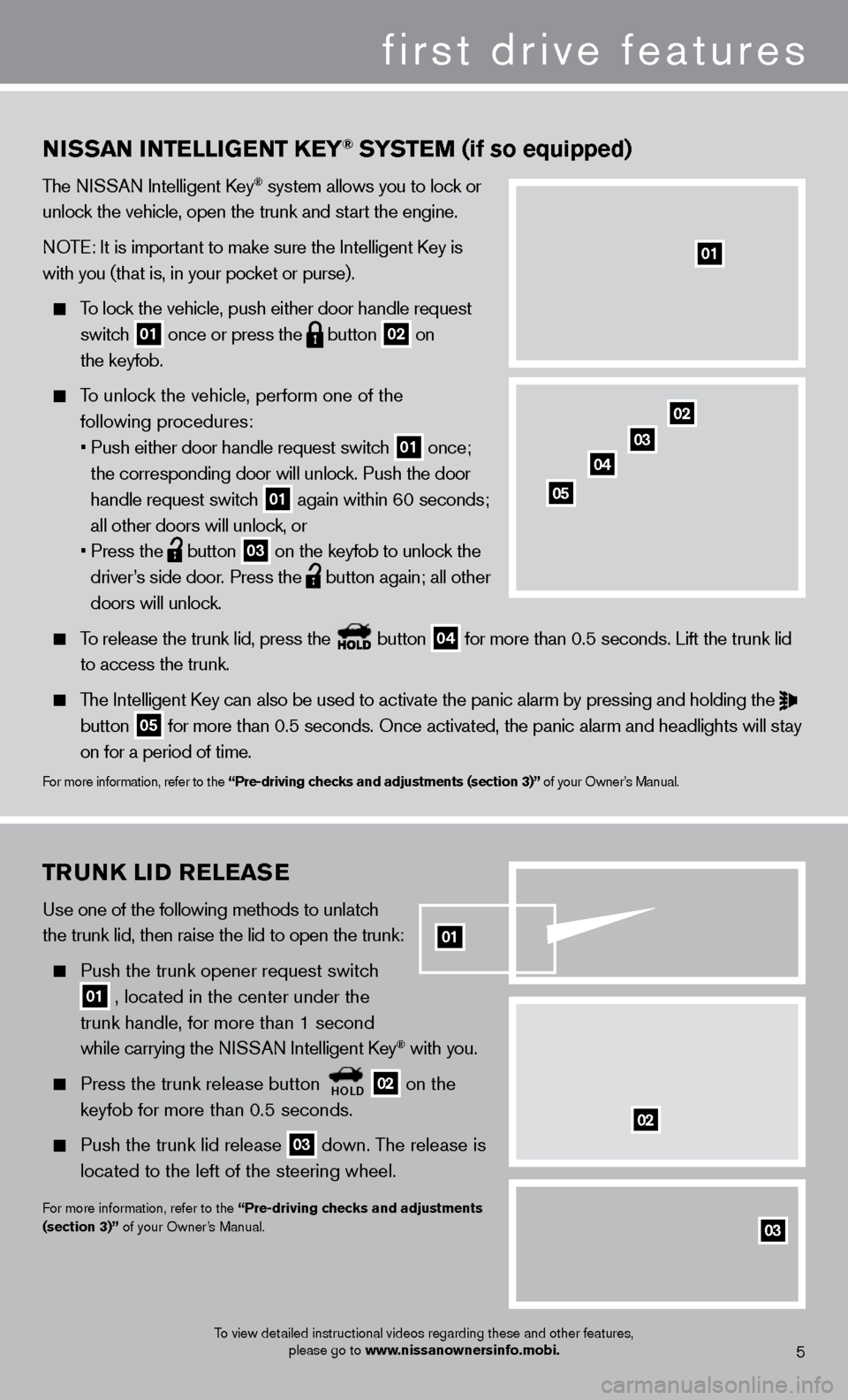 NISSAN SENTRA 2013 B17 / 7.G Quick Reference Guide 02TruNK liD  relea Se  
Use one of the following methods to unlatch 
the trunk lid, then raise the lid to open the trunk:  
  Push the trunk opener request switch
 
   
01  , located in the center und