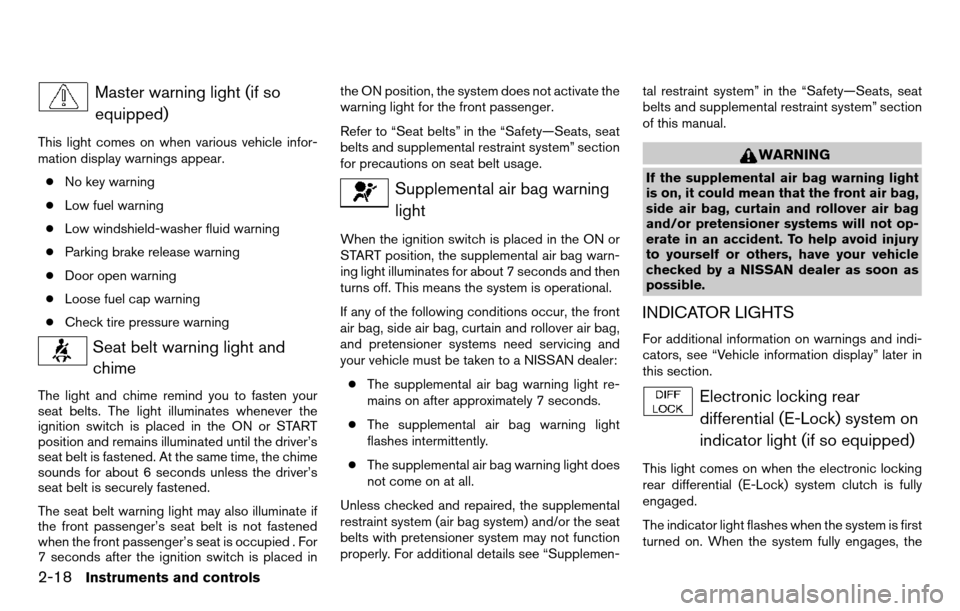NISSAN TITAN 2013 1.G Owners Manual Master warning light (if soequipped)
This light comes on when various vehicle infor-
mation display warnings appear.
● No key warning
● Low fuel warning
● Low windshield-washer fluid warning
● NISSAN TITAN 2013 1.G Owners Manual Master warning light (if soequipped)
This light comes on when various vehicle infor-
mation display warnings appear.
● No key warning
● Low fuel warning
● Low windshield-washer fluid warning
●