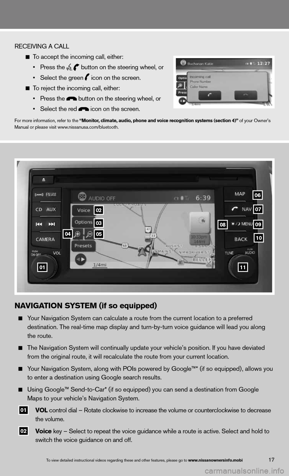 NISSAN TITAN 2013 1.G Quick Reference Guide To view detailed in\fstructional videos\f regarding these a\fnd other features\f \fplease go to www.nissanownersin\hfo.mobi
RE\bEIVING A \bALL 
  
  To accept the incom\fing call\f either:   
      