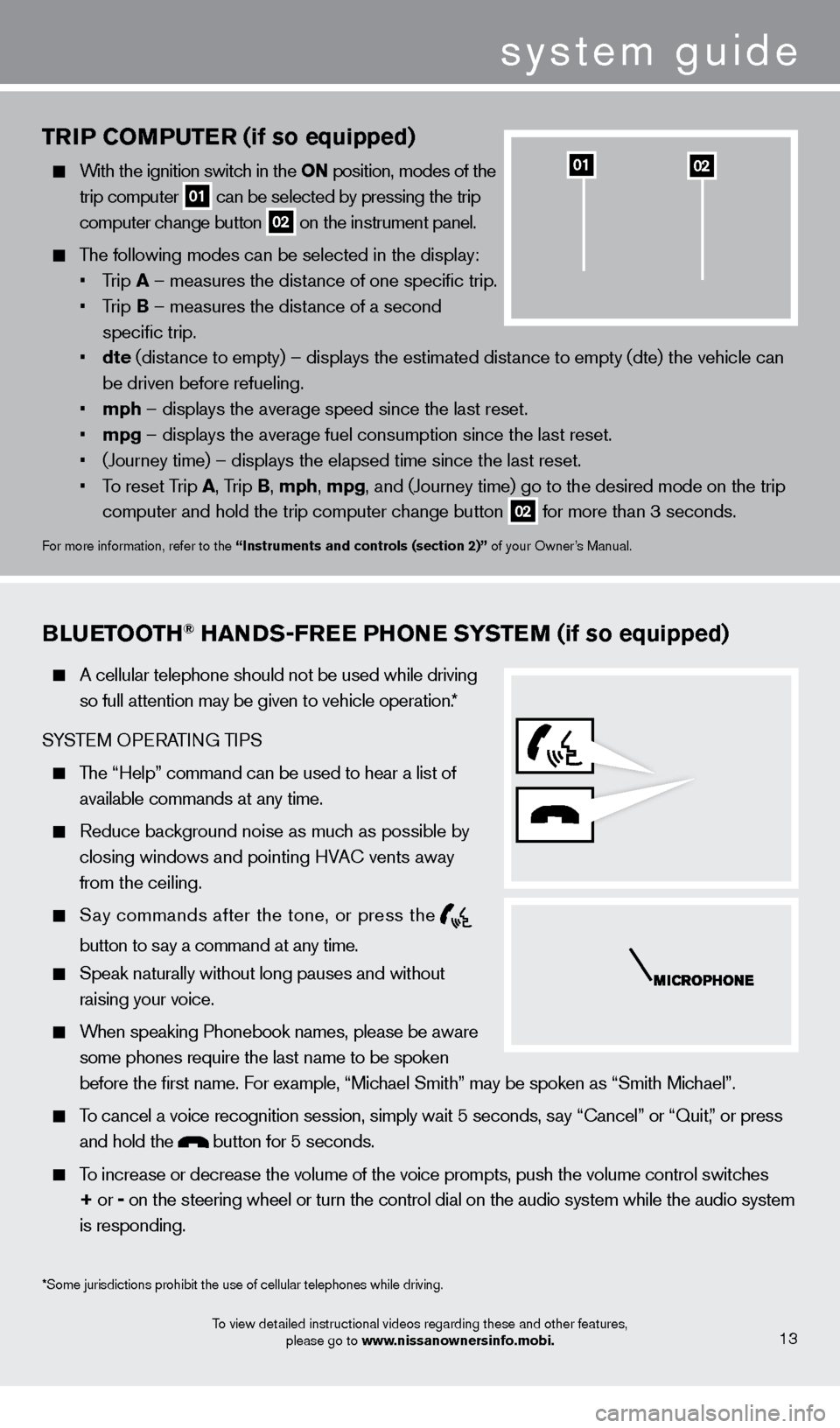NISSAN XTERRA 2013 N50 / 2.G Quick Reference Guide TRIP COMPUTER (if so equipped)
With the ignition switch in the ON position, modes of the trip computer
01 can be selected by pressing the trip
computer change button 02 on the instrument panel NISSAN XTERRA 2013 N50 / 2.G Quick Reference Guide TRIP COMPUTER (if so equipped)
With the ignition switch in the ON position, modes of the trip computer
01 can be selected by pressing the trip
computer change button 02 on the instrument panel