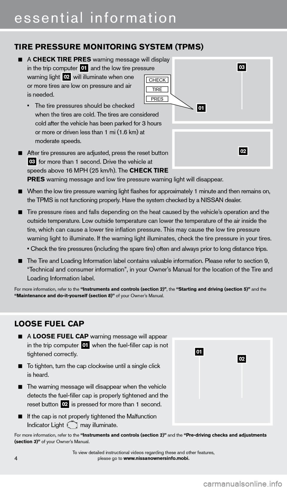 NISSAN XTERRA 2013 N50 / 2.G Quick Reference Guide TIRE PRESSURE MONITORING SYSTEM (TPMS)
A CHECK TIRE PRES warning message will display
in the trip computer
01 and the low tire pressure
warning light 02 will illuminate when one
or more t NISSAN XTERRA 2013 N50 / 2.G Quick Reference Guide TIRE PRESSURE MONITORING SYSTEM (TPMS)
A CHECK TIRE PRES warning message will display
in the trip computer
01 and the low tire pressure
warning light 02 will illuminate when one
or more t