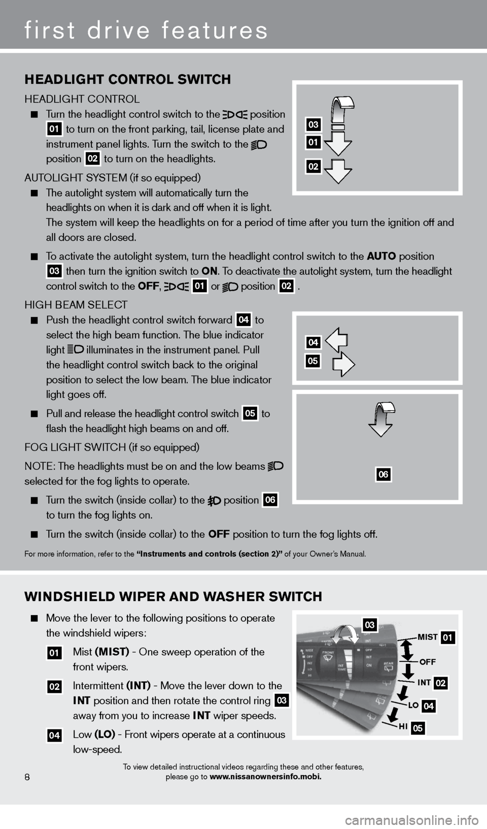 NISSAN XTERRA 2013 N50 / 2.G Quick Reference Guide To view detailed instructional videos regarding these and other features, please go to www.nissanownersinfo.mobi.8
first drive features
WINDSHIELD WIPER AND WASHER SWITCH
Move the lever to the follo NISSAN XTERRA 2013 N50 / 2.G Quick Reference Guide To view detailed instructional videos regarding these and other features, please go to www.nissanownersinfo.mobi.8
first drive features
WINDSHIELD WIPER AND WASHER SWITCH
Move the lever to the follo