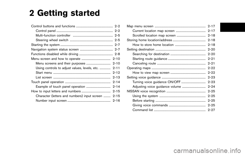NISSAN MAXIMA 2014 A35 / 7.G 08IT Navigation Manual 2 Getting started
Control buttons and functions ............................................... 2-2Control panel ........................................................................\
 2-2
Multi-fu