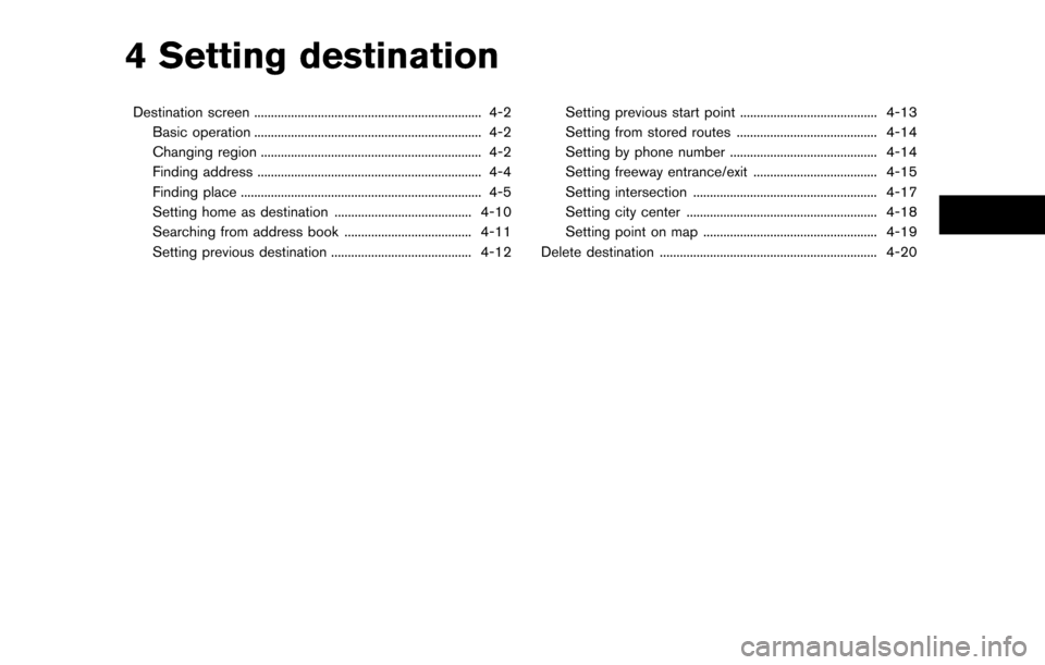 NISSAN PATHFINDER 2014 R52 / 4.G 08IT Navigation Manual 4 Setting destination
Destination screen .................................................................... 4-2Basic operation .................................................................... 4- NISSAN PATHFINDER 2014 R52 / 4.G 08IT Navigation Manual 4 Setting destination
Destination screen .................................................................... 4-2Basic operation .................................................................... 4-