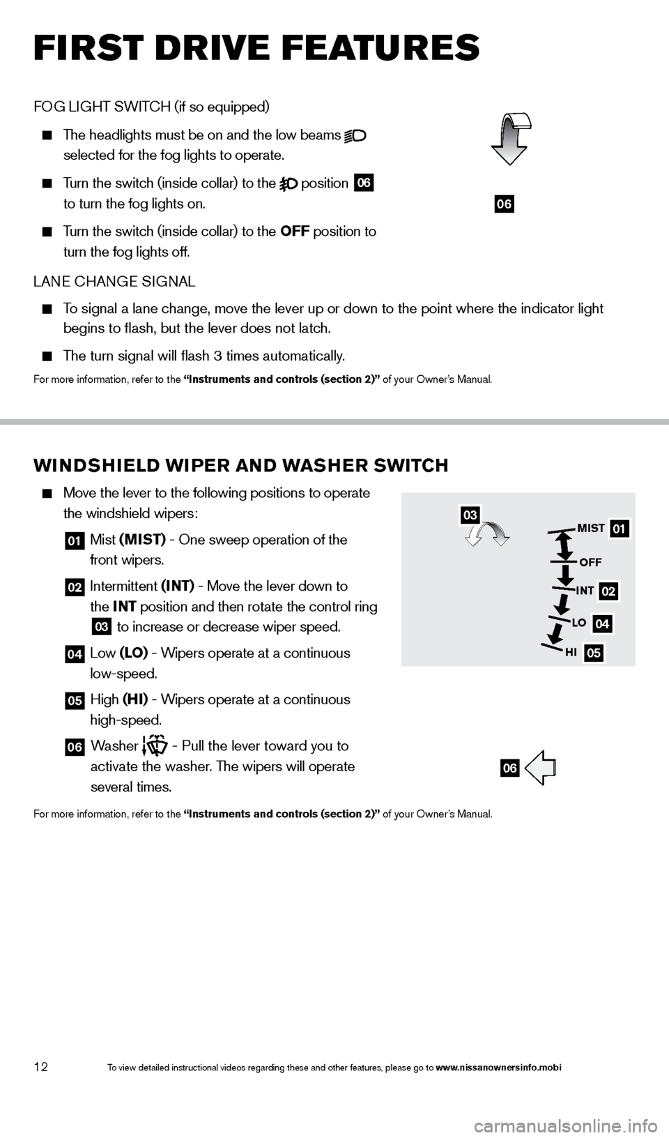 NISSAN ALTIMA 2014 L33 / 5.G Quick Reference Guide 12
first drive features
06
WINDSHIELD WIP ER  AND WA SHER SW ITCH
    Move the lever to the following positions to operate   
the windshield wipers: 
  01   Mist  (MIST) - One sweep operation of the  