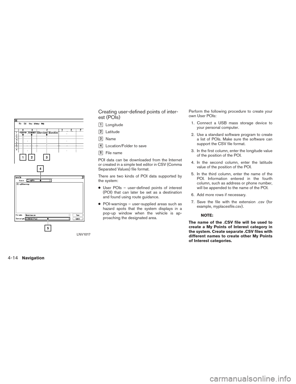 NISSAN ROGUE 2014 2.G LC2 Kai Navigation Manual Creating user-defined points of inter-
est (POIs)
1Longitude
2Latitude
3Name
4Location/Folder to save
5File name
POI data can be downloaded from the Internet
or created in a simple text editor in