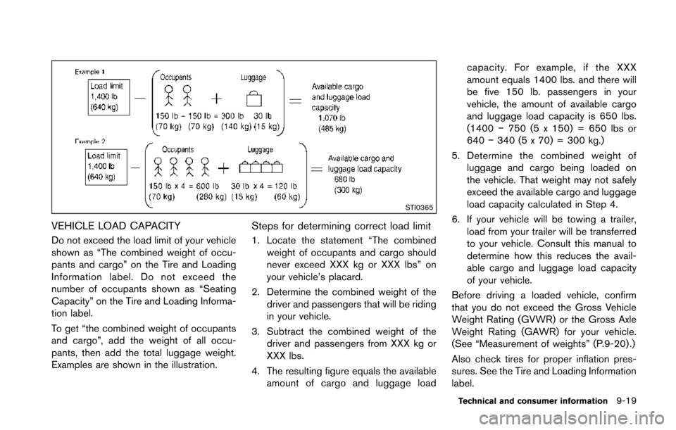 NISSAN 370Z COUPE 2014 Z34 Owners Manual STI0365
VEHICLE LOAD CAPACITY
Do not exceed the load limit of your vehicle
shown as “The combined weight of occu-
pants and cargo” on the Tire and Loading
Information label. Do not exceed the
numb NISSAN 370Z COUPE 2014 Z34 Owners Manual STI0365
VEHICLE LOAD CAPACITY
Do not exceed the load limit of your vehicle
shown as “The combined weight of occu-
pants and cargo” on the Tire and Loading
Information label. Do not exceed the
numb