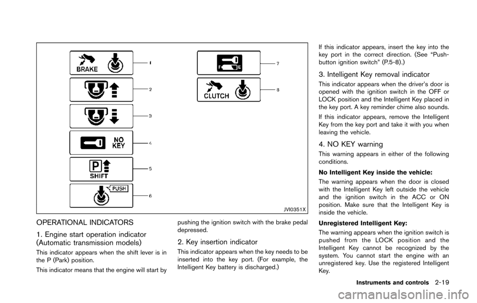 NISSAN 370Z ROADSTER 2014 Z34 Owners Manual JVI0351X
OPERATIONAL INDICATORS
1. Engine start operation indicator
(Automatic transmission models)
This indicator appears when the shift lever is in
the P (Park) position.
This indicator means that t NISSAN 370Z ROADSTER 2014 Z34 Owners Manual JVI0351X
OPERATIONAL INDICATORS
1. Engine start operation indicator
(Automatic transmission models)
This indicator appears when the shift lever is in
the P (Park) position.
This indicator means that t