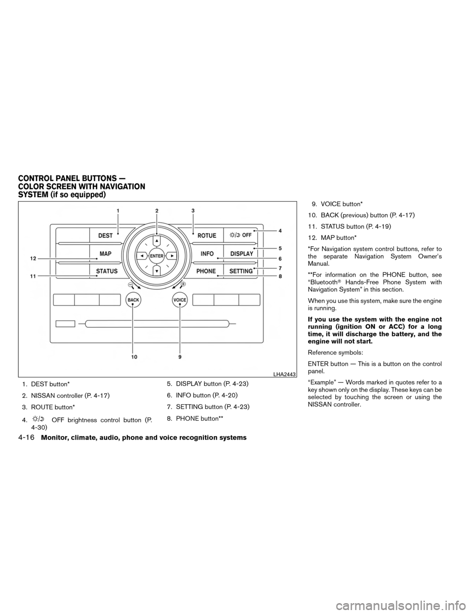 NISSAN ARMADA 2014 1.G Owners Manual 1. DEST button*
2. NISSAN controller (P. 4-17)
3. ROUTE button*
4.
OFF brightness control button (P.
4-30) 5. DISPLAY button (P. 4-23)
6. INFO button (P. 4-20)
7. SETTING button (P. 4-23)
8. PHONE but NISSAN ARMADA 2014 1.G Owners Manual 1. DEST button*
2. NISSAN controller (P. 4-17)
3. ROUTE button*
4.
OFF brightness control button (P.
4-30) 5. DISPLAY button (P. 4-23)
6. INFO button (P. 4-20)
7. SETTING button (P. 4-23)
8. PHONE but