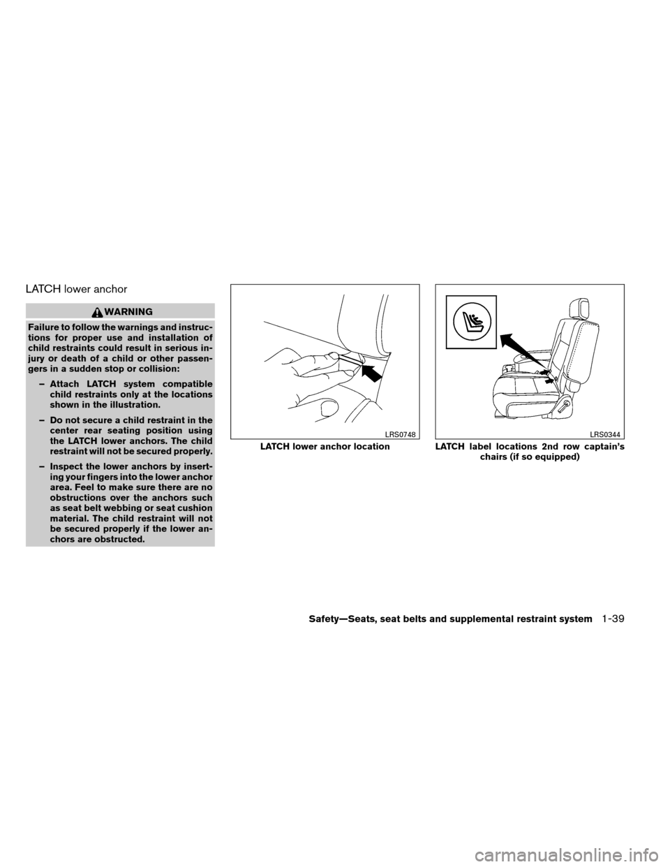 NISSAN ARMADA 2014 1.G Owners Manual LATCH lower anchor
WARNING
Failure to follow the warnings and instruc-
tions for proper use and installation of
child restraints could result in serious in-
jury or death of a child or other passen-
g