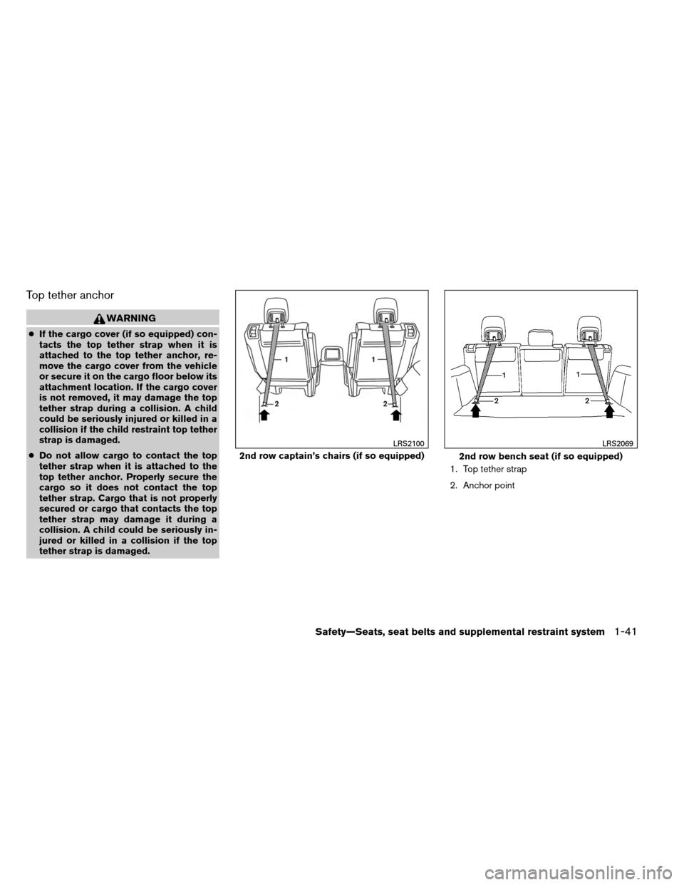 NISSAN ARMADA 2014 1.G Owners Manual Top tether anchor
WARNING
●If the cargo cover (if so equipped) con-
tacts the top tether strap when it is
attached to the top tether anchor, re-
move the cargo cover from the vehicle
or secure it on NISSAN ARMADA 2014 1.G Owners Manual Top tether anchor
WARNING
●If the cargo cover (if so equipped) con-
tacts the top tether strap when it is
attached to the top tether anchor, re-
move the cargo cover from the vehicle
or secure it on