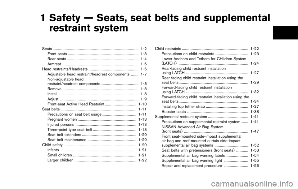 NISSAN CUBE 2014 3.G Owners Manual 1 Safety — Seats, seat belts and supplementalrestraint system
Seats ........................................................................\
.................... 1-2
Front seats ...................