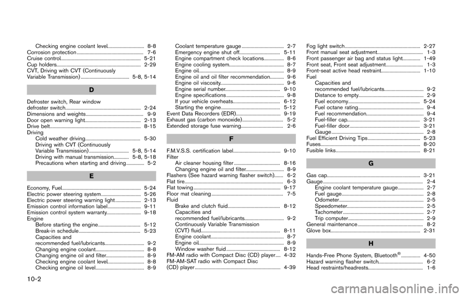 NISSAN CUBE 2014 3.G Owners Manual 10-2
Checking engine coolant level............................. 8-8
Corrosion protection .................................................... 7-6
Cruise control........................................