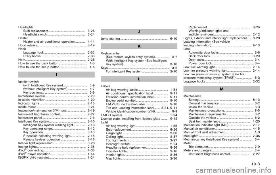 NISSAN CUBE 2014 3.G Owners Manual HeadlightsBulb replacement................................................. 8-26
Headlight switch................................................... 2-24
Heater Heater and air conditioner operation...