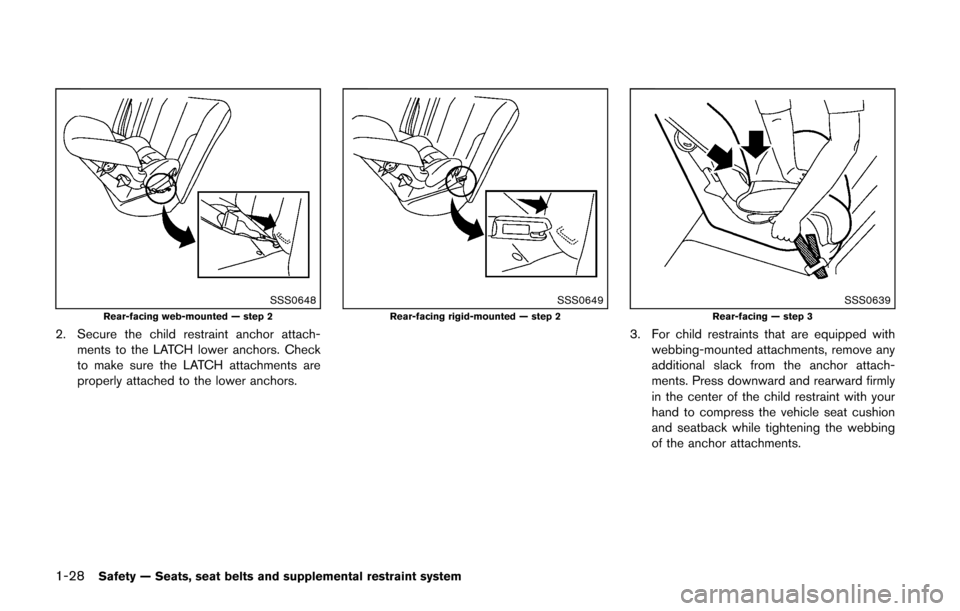 NISSAN CUBE 2014 3.G Owners Manual 1-28Safety — Seats, seat belts and supplemental restraint system
SSS0648Rear-facing web-mounted — step 2
2. Secure the child restraint anchor attach-ments to the LATCH lower anchors. Check
to make
