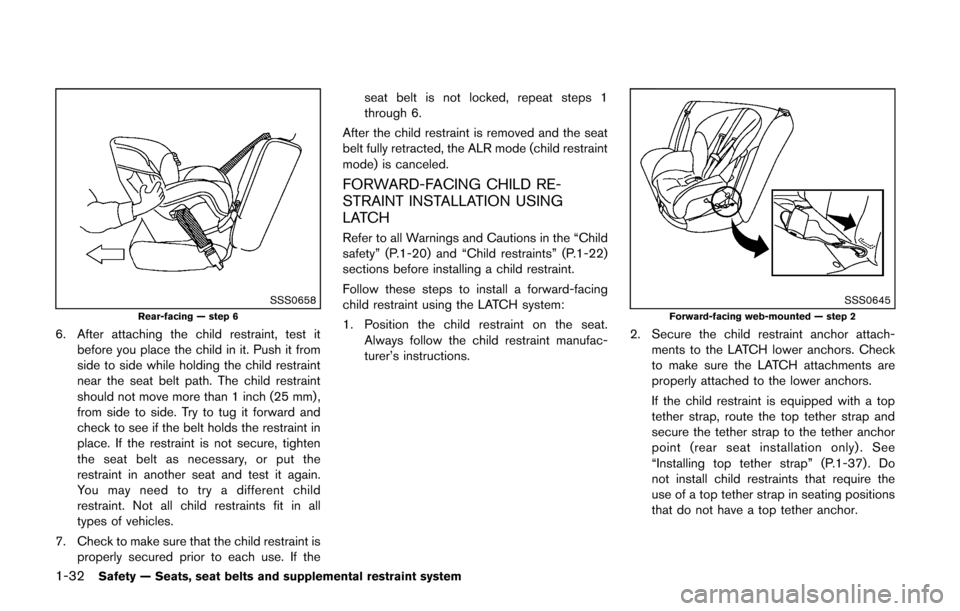 NISSAN CUBE 2014 3.G Owners Manual 1-32Safety — Seats, seat belts and supplemental restraint system
SSS0658Rear-facing — step 6
6. After attaching the child restraint, test itbefore you place the child in it. Push it from
side to s