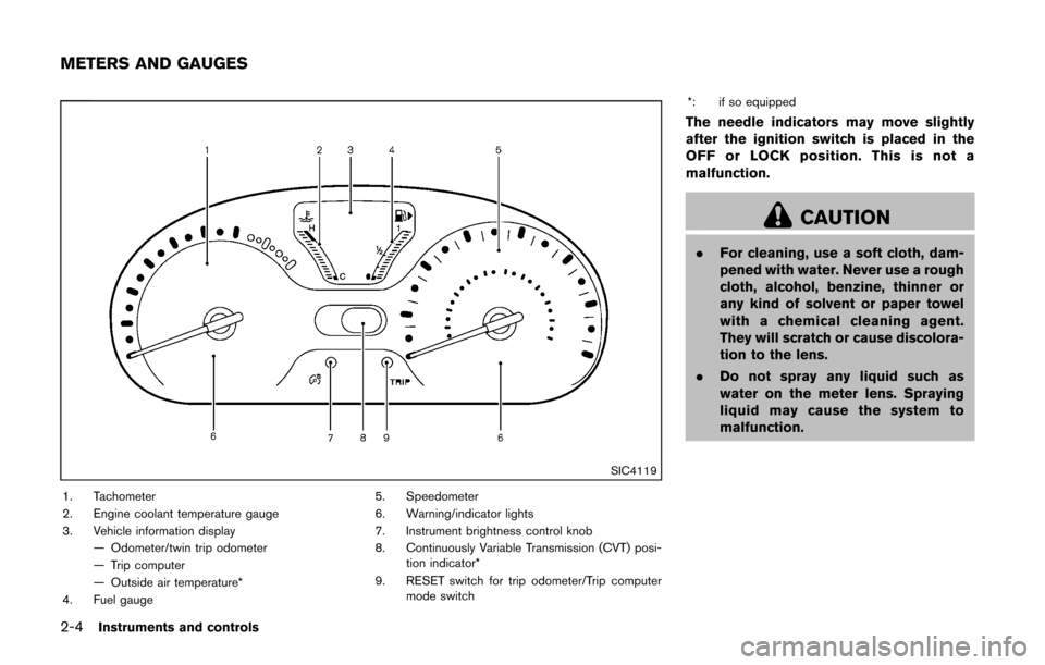 NISSAN CUBE 2014 3.G Owners Manual 2-4Instruments and controls
SIC4119
1. Tachometer
2. Engine coolant temperature gauge
3. Vehicle information display— Odometer/twin trip odometer
— Trip computer
— Outside air temperature*
4. Fu