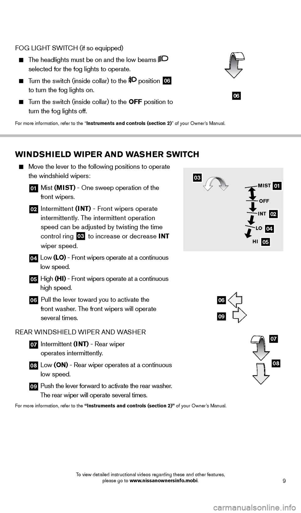 NISSAN CUBE 2014 3.G Quick Reference Guide 9
WINDSHIELD WIPER AND WASHER SWITCH
Move the lever to the following positions to operate
the windshield wipers:
01 Mist (MIST) - One sweep operation of the
front wipers.
02 Intermit NISSAN CUBE 2014 3.G Quick Reference Guide 9
WINDSHIELD WIPER AND WASHER SWITCH
Move the lever to the following positions to operate
the windshield wipers:
01 Mist (MIST) - One sweep operation of the
front wipers.
02 Intermit