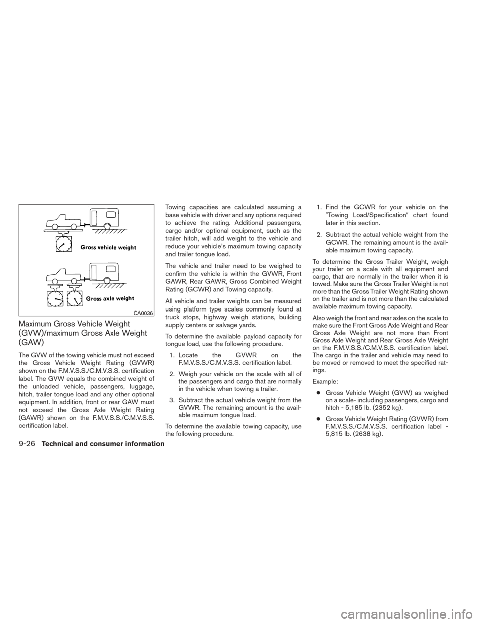 NISSAN FRONTIER 2014 D23 / 3.G Owners Manual Maximum Gross Vehicle Weight
(GVW)/maximum Gross Axle Weight
(GAW)
The GVW of the towing vehicle must not exceed
the Gross Vehicle Weight Rating (GVWR)
shown on the F.M.V.S.S./C.M.V.S.S. certification NISSAN FRONTIER 2014 D23 / 3.G Owners Manual Maximum Gross Vehicle Weight
(GVW)/maximum Gross Axle Weight
(GAW)
The GVW of the towing vehicle must not exceed
the Gross Vehicle Weight Rating (GVWR)
shown on the F.M.V.S.S./C.M.V.S.S. certification