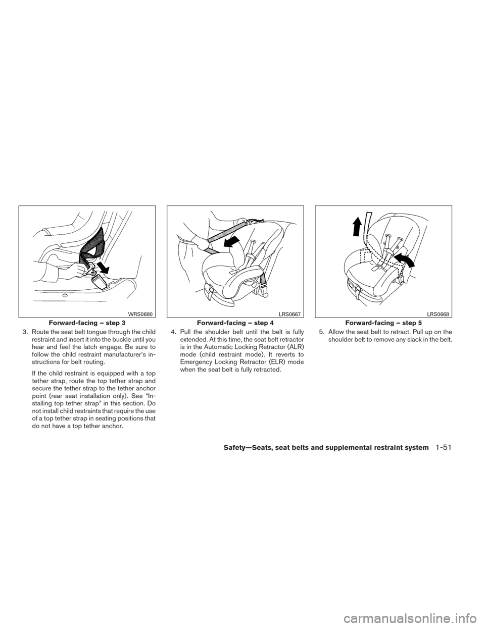 NISSAN FRONTIER 2014 D23 / 3.G Owners Manual 3. Route the seat belt tongue through the childrestraint and insert it into the buckle until you
hear and feel the latch engage. Be sure to
follow the child restraint manufacturer’s in-
structions f NISSAN FRONTIER 2014 D23 / 3.G Owners Manual 3. Route the seat belt tongue through the childrestraint and insert it into the buckle until you
hear and feel the latch engage. Be sure to
follow the child restraint manufacturer’s in-
structions f