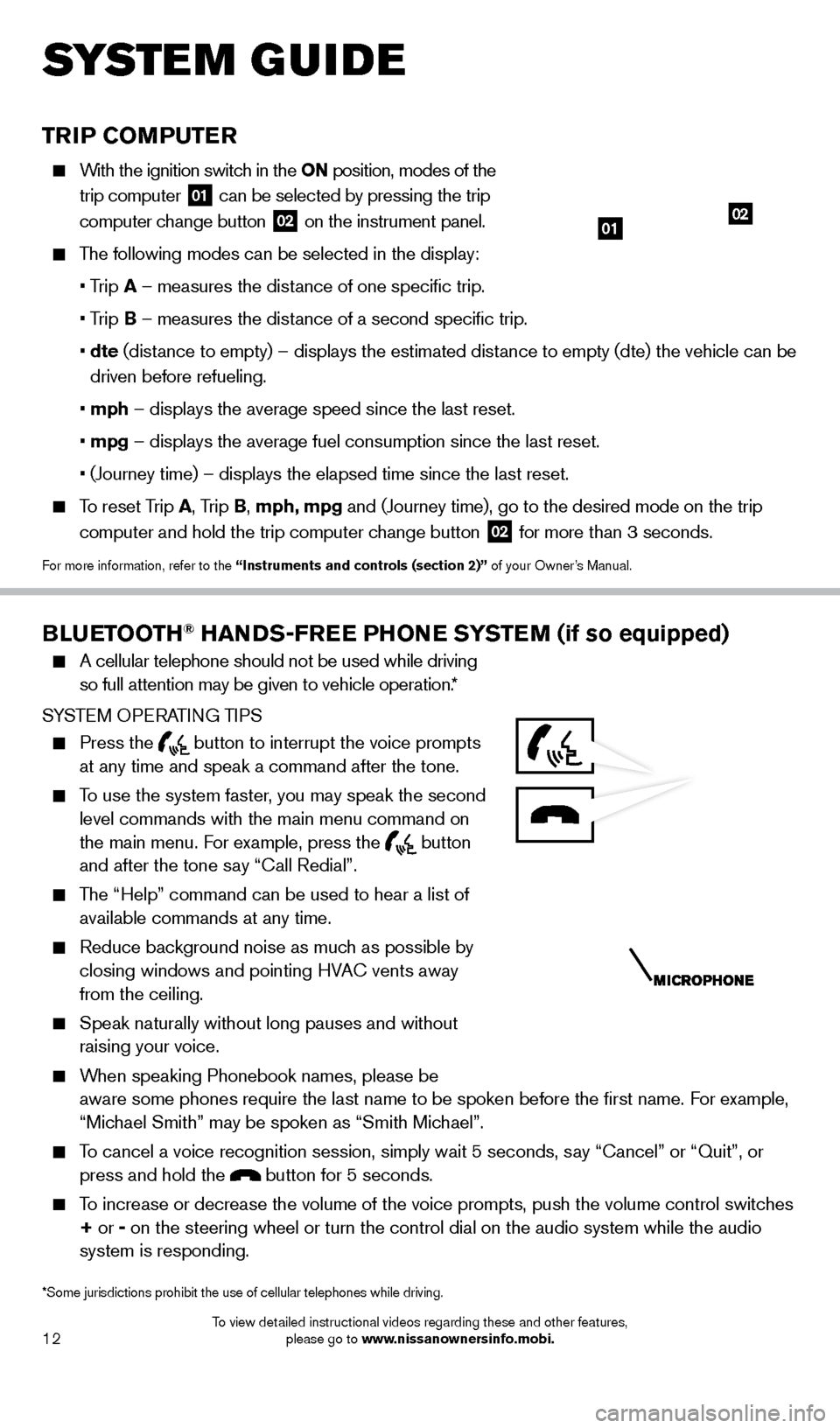 NISSAN FRONTIER 2014 D23 / 3.G Quick Reference Guide 12
TRIP COMPUTER 
    With the ignition switch in the ON position, modes of the trip computer  
01 can be selected by pressing the trip 
computer change button  02 on the instrument panel.
  The follo