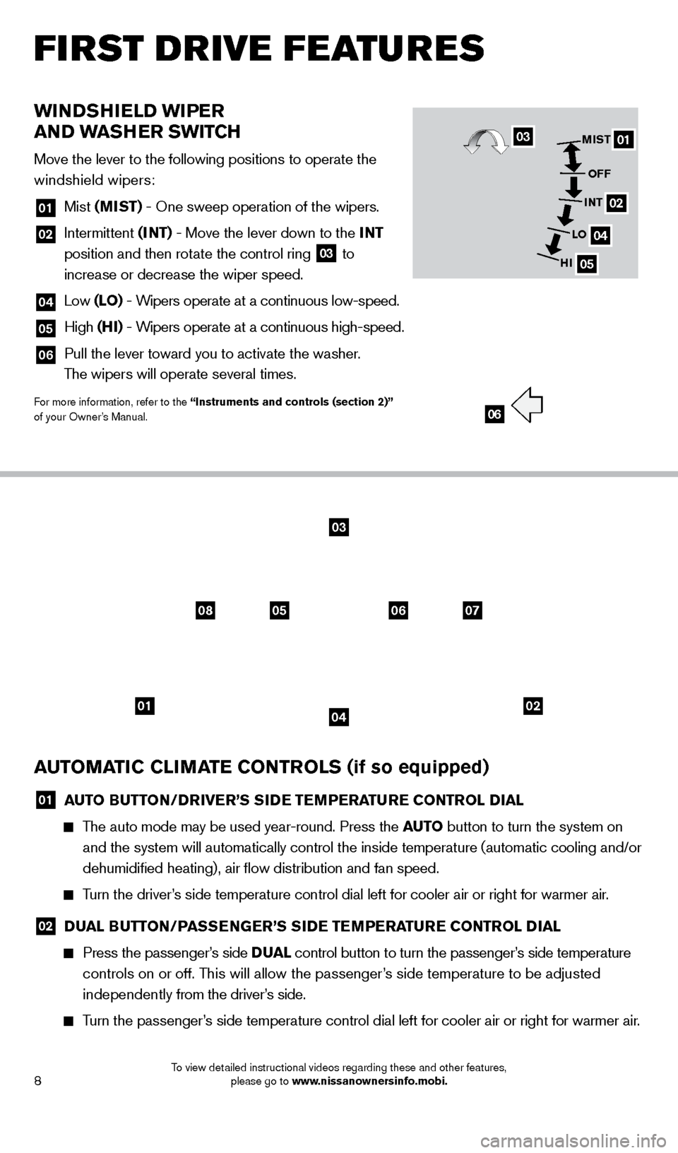 NISSAN FRONTIER 2014 D23 / 3.G Quick Reference Guide 8
AUTOMATIC CLIMATE CONTROLS (if so equipped)
01 AUTO BUTTON/DRIVER’S SIDE TEMPERATURE CONTROL DIAL
     The auto mode may be used year-round. Press the AUTO
 button to turn the system on 
and the s
