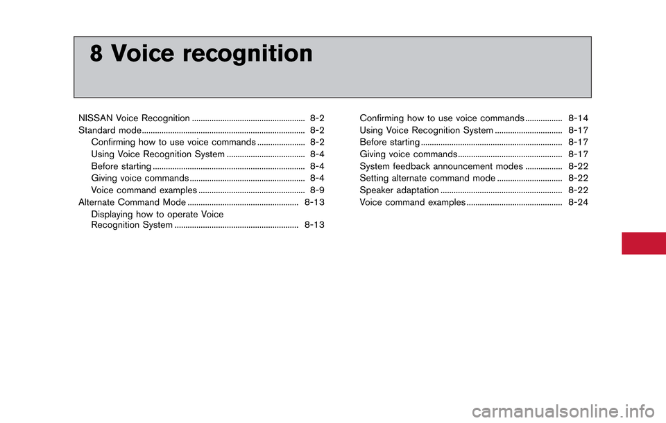 NISSAN GT-R 2014 R35 Multi Function Display Owners Manual 8 Voice recognition
NISSAN Voice Recognition .................................................... 8-2
Standard mode........................................................................\
... 8-2Conf NISSAN GT-R 2014 R35 Multi Function Display Owners Manual 8 Voice recognition
NISSAN Voice Recognition .................................................... 8-2
Standard mode........................................................................\
... 8-2Conf