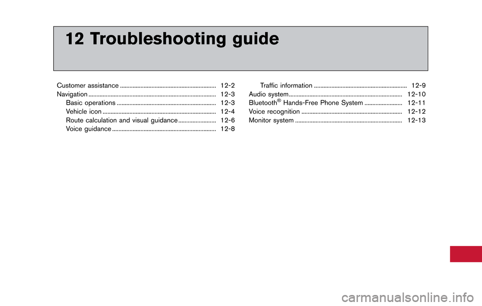 NISSAN GT-R 2014 R35 Multi Function Display Owners Manual 12 Troubleshooting guide
Customer assistance ............................................................. 12-2
Navigation ........................................................................\
...
