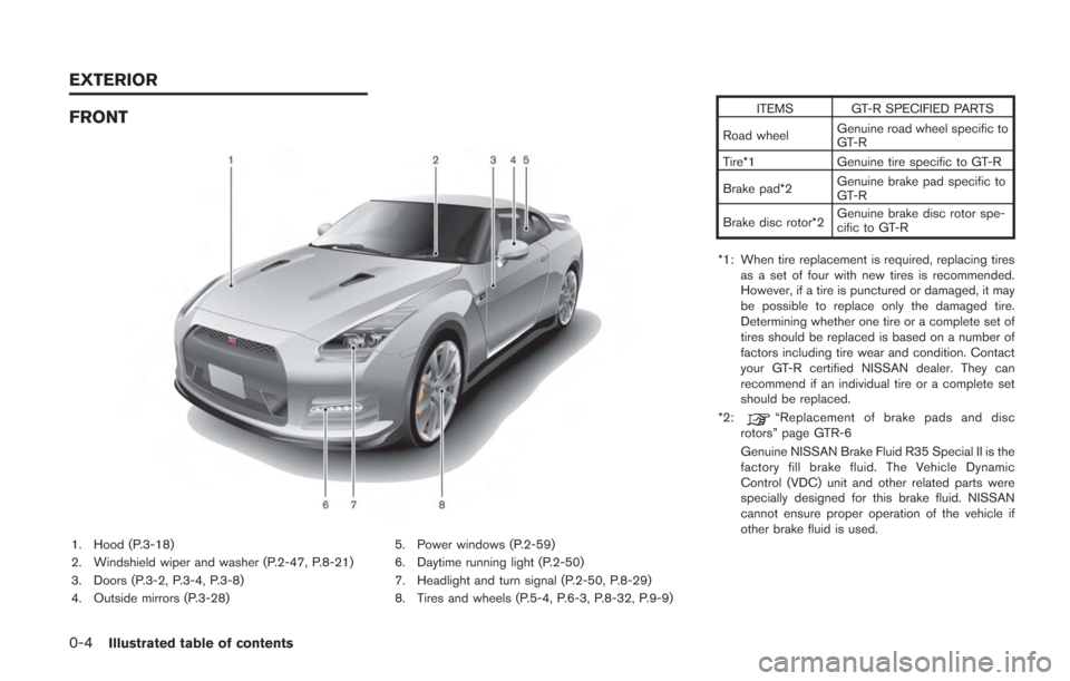 NISSAN GT-R 2014 R35 Owners Manual 0-4Illustrated table of contents
FRONT
1. Hood (P.3-18)
2. Windshield wiper and washer (P.2-47, P.8-21)
3. Doors (P.3-2, P.3-4, P.3-8)
4. Outside mirrors (P.3-28)5. Power windows (P.2-59)
6. Daytime r