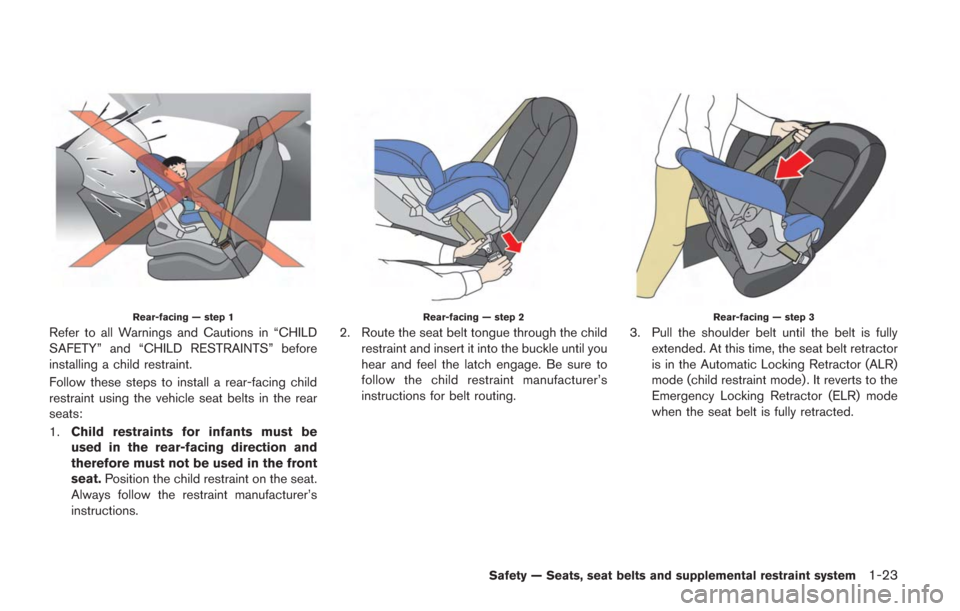 NISSAN GT-R 2014 R35 Owners Manual Rear-facing — step 1
Refer to all Warnings and Cautions in “CHILD
SAFETY” and “CHILD RESTRAINTS” before
installing a child restraint.
Follow these steps to install a rear-facing child
restra NISSAN GT-R 2014 R35 Owners Manual Rear-facing — step 1
Refer to all Warnings and Cautions in “CHILD
SAFETY” and “CHILD RESTRAINTS” before
installing a child restraint.
Follow these steps to install a rear-facing child
restra