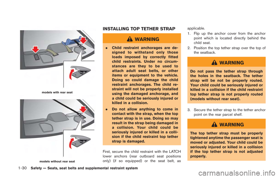 NISSAN GT-R 2014 R35 Owners Manual 1-30Safety — Seats, seat belts and supplemental restraint system
models with rear seat
models without rear seat
INSTALLING TOP TETHER STRAP
WARNING
.Child restraint anchorages are de-
signed to with