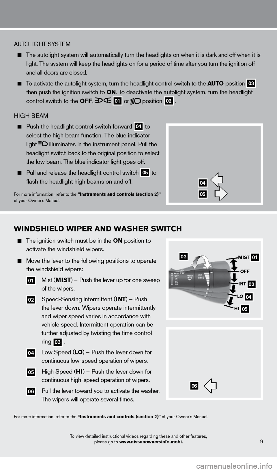 NISSAN GT-R 2014 R35 Quick Reference Guide wINDShIeLD wIP er a ND w a S her Sw IT ch
The ignition switch must be in the ON position to
activate the windshield wipers.
Move the lever to the following positions to operate
NISSAN GT-R 2014 R35 Quick Reference Guide wINDShIeLD wIP er a ND w a S her Sw IT ch
The ignition switch must be in the ON position to
activate the windshield wipers.
Move the lever to the following positions to operate