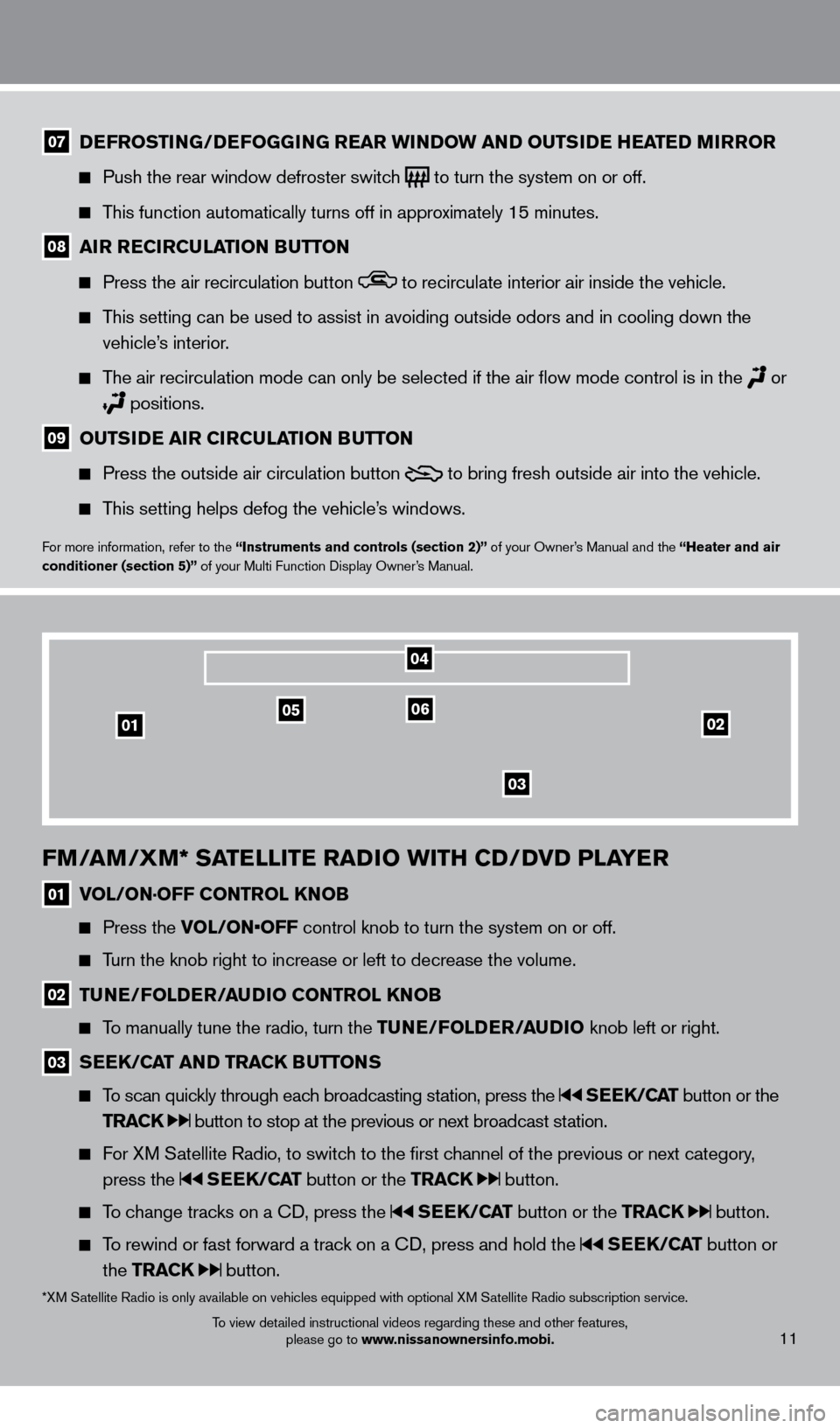 NISSAN GT-R 2014 R35 Quick Reference Guide 11
07 DeFrOSTI NG/DeF OGGING  rear   w INDOw   a ND O u TSIDe   heaT eD M Ir rO r 
   Push the rear window defroster switc
h
  to turn the system on or off.
   This function automatically turns off in