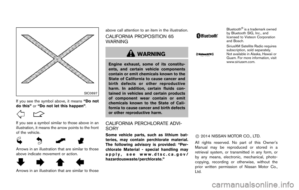 NISSAN JUKE 2014 F15 / 1.G Owners Manual SIC0697
If you see the symbol above, it means“Do not
do this” or“Do not let this happen” .
If you see a symbol similar to those above in an
illustration, it means the arrow points to the front NISSAN JUKE 2014 F15 / 1.G Owners Manual SIC0697
If you see the symbol above, it means“Do not
do this” or“Do not let this happen” .
If you see a symbol similar to those above in an
illustration, it means the arrow points to the front