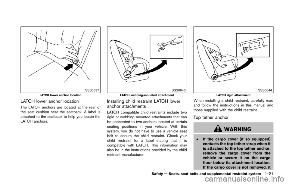 NISSAN JUKE 2014 F15 / 1.G Owners Manual SSS0637LATCH lower anchor location
LATCH lower anchor location
The LATCH anchors are located at the rear of
the seat cushion near the seatback. A label is
attached to the seatback to help you locate t NISSAN JUKE 2014 F15 / 1.G Owners Manual SSS0637LATCH lower anchor location
LATCH lower anchor location
The LATCH anchors are located at the rear of
the seat cushion near the seatback. A label is
attached to the seatback to help you locate t