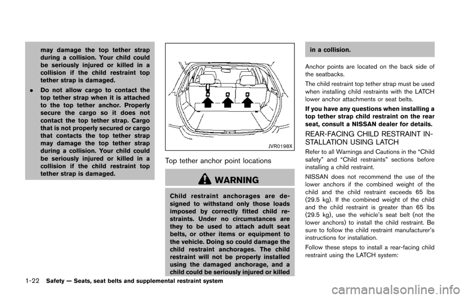 NISSAN JUKE 2014 F15 / 1.G Owners Manual 1-22Safety — Seats, seat belts and supplemental restraint system
may damage the top tether strap
during a collision. Your child could
be seriously injured or killed in a
collision if the child restr NISSAN JUKE 2014 F15 / 1.G Owners Manual 1-22Safety — Seats, seat belts and supplemental restraint system
may damage the top tether strap
during a collision. Your child could
be seriously injured or killed in a
collision if the child restr
