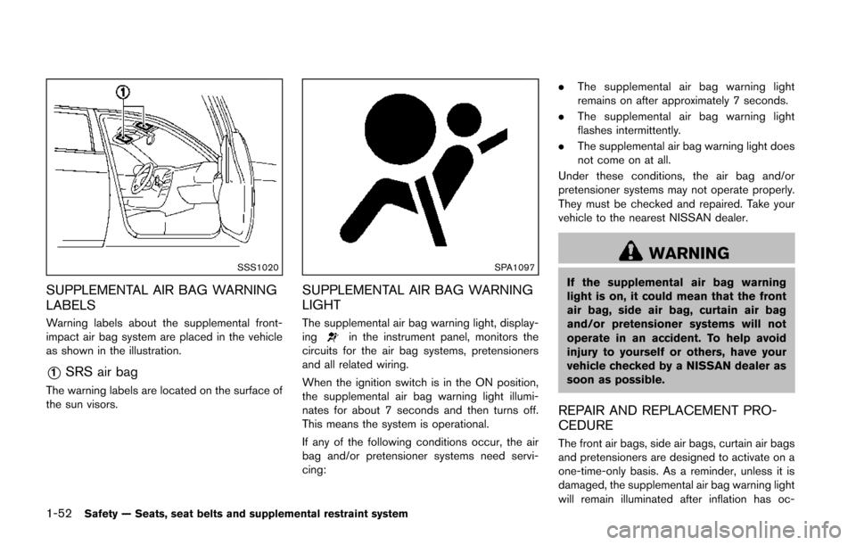 NISSAN JUKE 2014 F15 / 1.G Owners Manual 1-52Safety — Seats, seat belts and supplemental restraint system
SSS1020
SUPPLEMENTAL AIR BAG WARNING
LABELS
Warning labels about the supplemental front-
impact air bag system are placed in the vehi NISSAN JUKE 2014 F15 / 1.G Owners Manual 1-52Safety — Seats, seat belts and supplemental restraint system
SSS1020
SUPPLEMENTAL AIR BAG WARNING
LABELS
Warning labels about the supplemental front-
impact air bag system are placed in the vehi