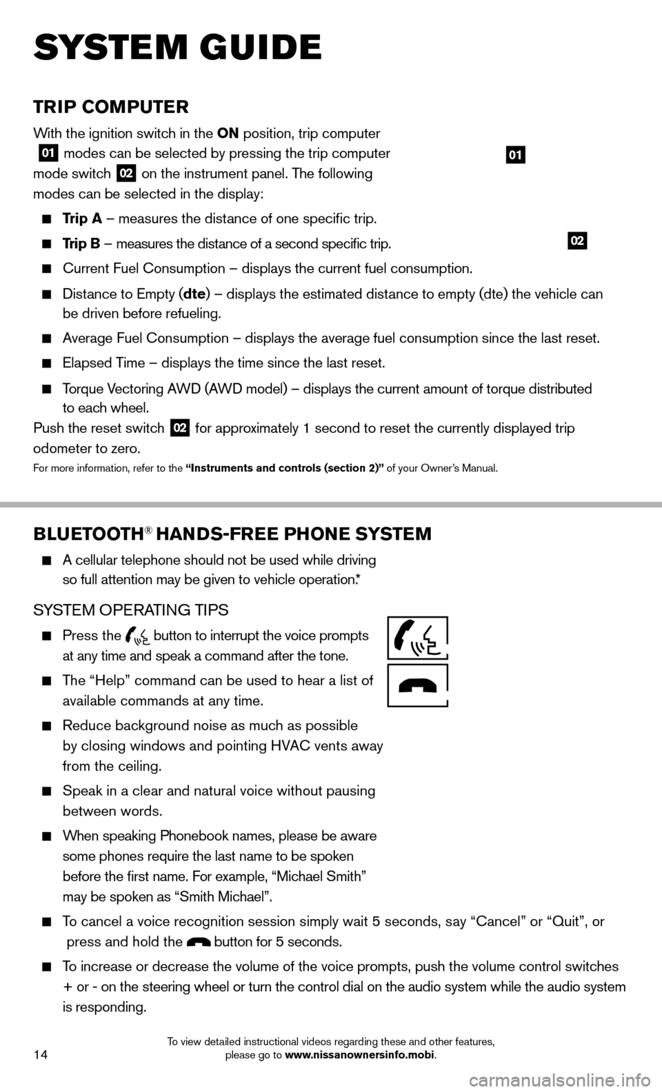 NISSAN JUKE 2014 F15 / 1.G Quick Reference Guide 14To view detailed instructional videos regarding these and other features, please go to www.nissanownersinfo.mobi.
TRIP COMPUTER
With the ignition switch in the ON position, trip computer
 
01 modes 