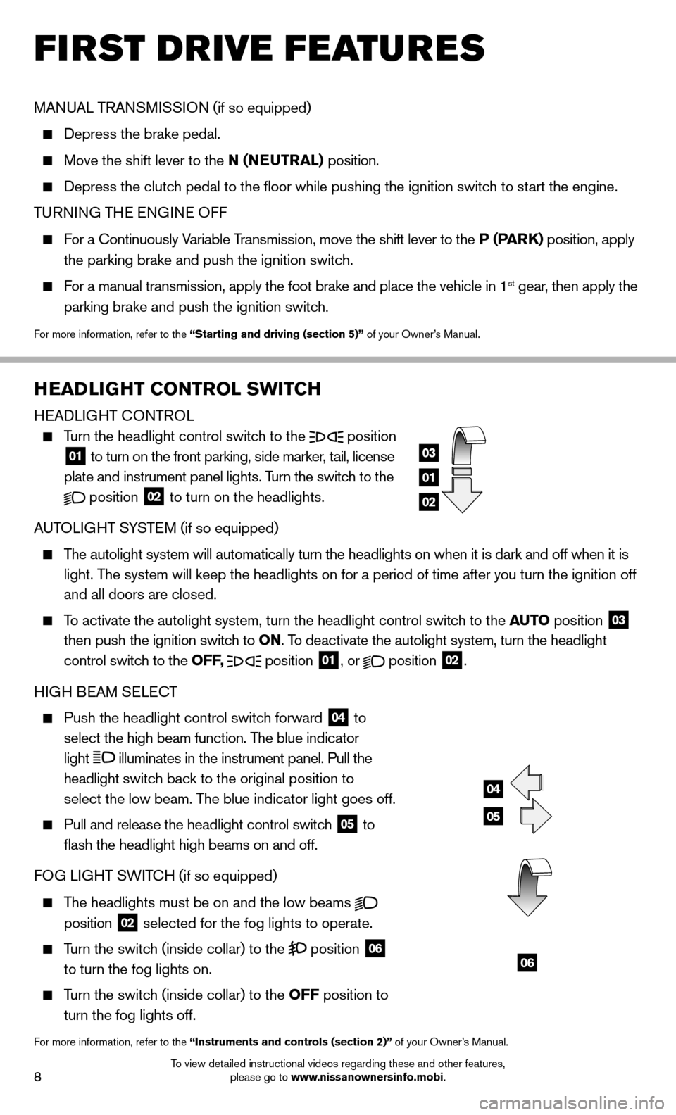 NISSAN JUKE 2014 F15 / 1.G Quick Reference Guide 8To view detailed instructional videos regarding these and other features, please go to www.nissanownersinfo.mobi.
FIRST DRIVE FEATURES
HEADLIGHT CONTROL SWITCH
HEADLIGHT CONTROL
 
  Turn the headligh