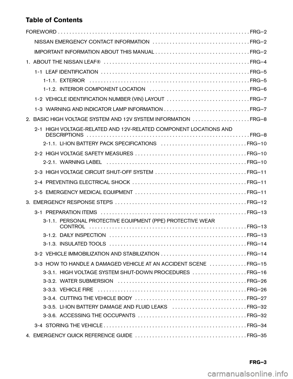 NISSAN LEAF 2014 1.G First Responders Guide Table of Contents
FOREWORD
. . . . . . . . . . . . . . . . . . . . . . . . . . . . . . . . . . . . . . . . . . . . . . . . . . . . . . . . . . . . . . . . . . . FRG–2
NISSAN EMERGENCY CONTACT INFORM NISSAN LEAF 2014 1.G First Responders Guide Table of Contents
FOREWORD
. . . . . . . . . . . . . . . . . . . . . . . . . . . . . . . . . . . . . . . . . . . . . . . . . . . . . . . . . . . . . . . . . . . FRG–2
NISSAN EMERGENCY CONTACT INFORM