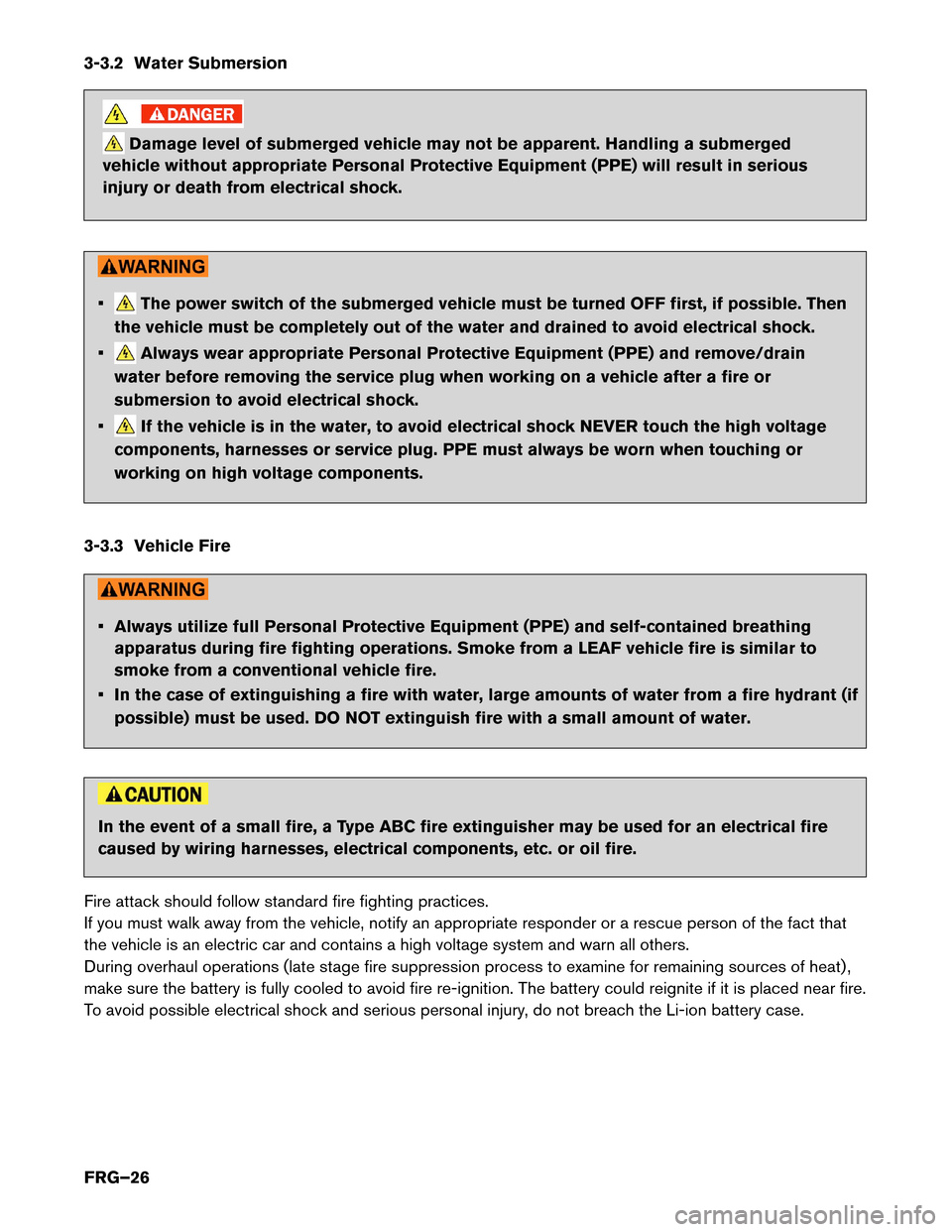 NISSAN LEAF 2014 1.G First Responders Guide 3-3.2 Water Submersion
Damage level of submerged vehicle may not be apparent. Handling a submerged
vehicle without appropriate Personal Protective Equipment (PPE) will result in serious
injury or deat NISSAN LEAF 2014 1.G First Responders Guide 3-3.2 Water Submersion
Damage level of submerged vehicle may not be apparent. Handling a submerged
vehicle without appropriate Personal Protective Equipment (PPE) will result in serious
injury or deat
