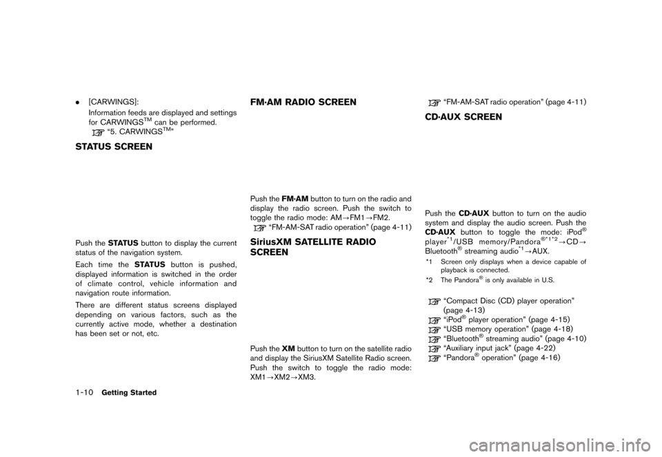 NISSAN LEAF 2014 1.G Navigation Manual Black plate (26,1)
[ Edit: 2013/ 10/ 7 Model: Navi-EV ]
1-10Getting Started
.[CARWINGS]:
Information feeds are displayed and settings
for CARWINGS
TMcan be performed.
“5. CARWINGSTM”
STATUS SCREEN
