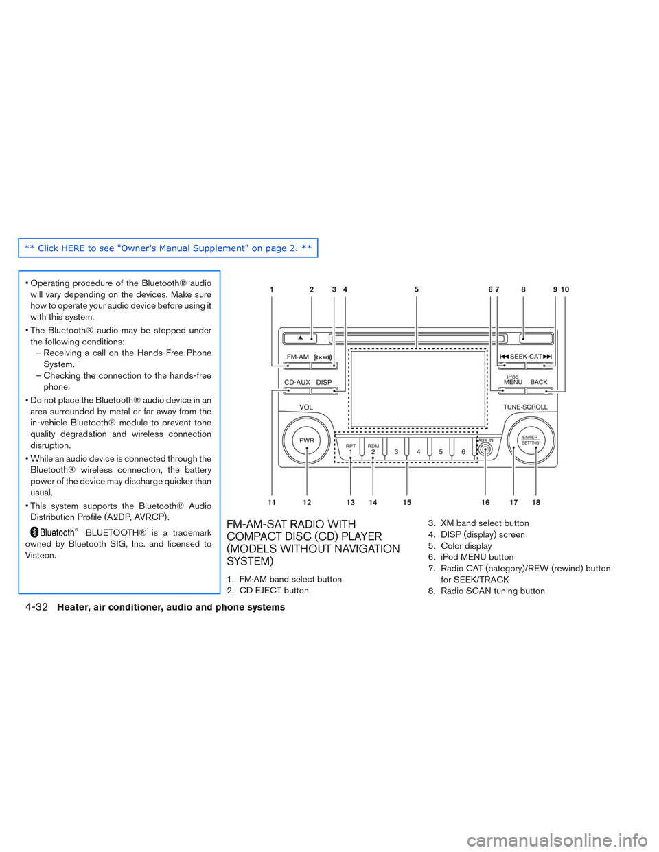 NISSAN LEAF 2014 1.G Owners Manual • Operating procedure of the Bluetooth® audio
will vary depending on the devices. Make sure
how to operate your audio device before using it
with this system.
• The Bluetooth® audio may be stopp NISSAN LEAF 2014 1.G Owners Manual • Operating procedure of the Bluetooth® audio
will vary depending on the devices. Make sure
how to operate your audio device before using it
with this system.
• The Bluetooth® audio may be stopp