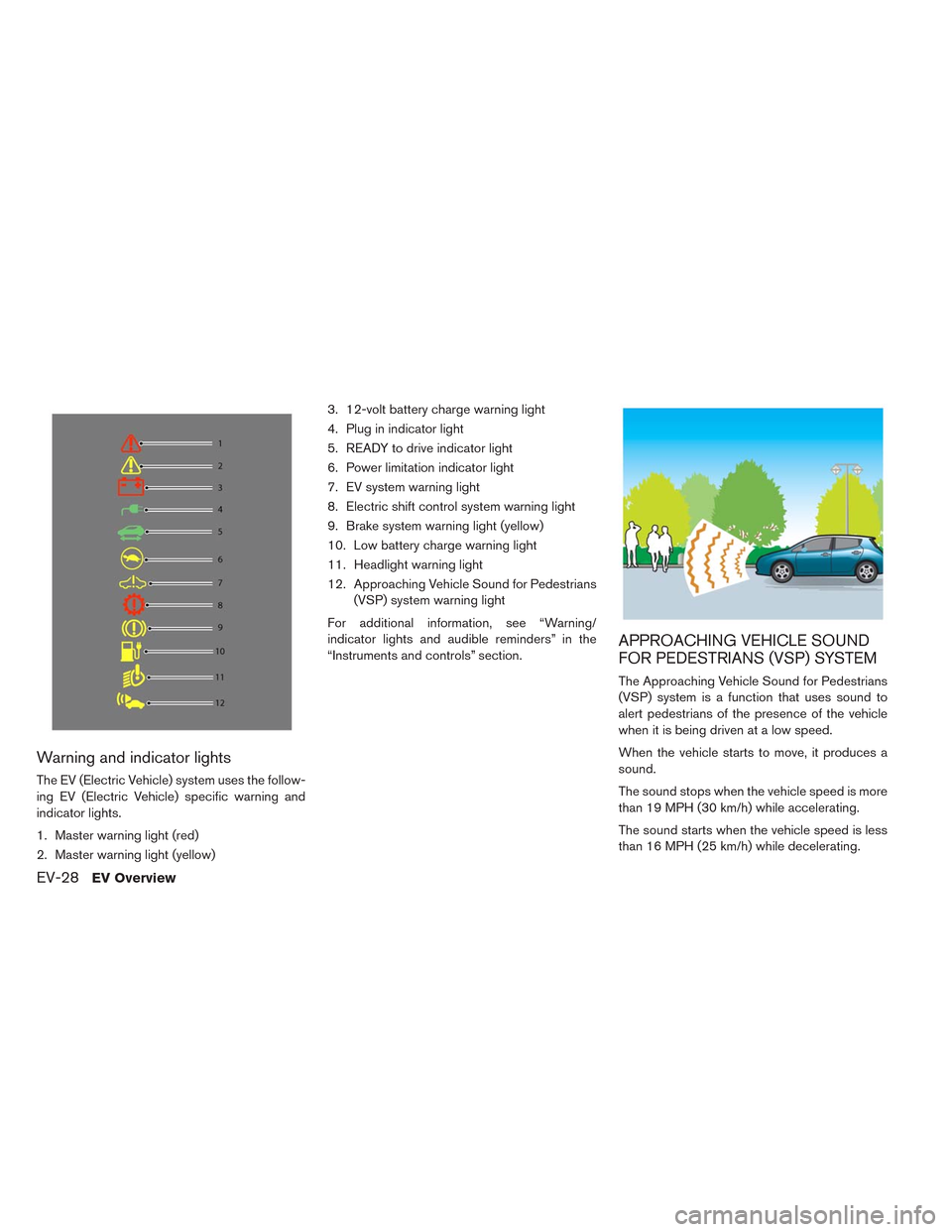 NISSAN LEAF 2014 1.G Owners Manual Warning and indicator lights
The EV (Electric Vehicle) system uses the follow-
ing EV (Electric Vehicle) specific warning and
indicator lights.
1. Master warning light (red)
2. Master warning light (y NISSAN LEAF 2014 1.G Owners Manual Warning and indicator lights
The EV (Electric Vehicle) system uses the follow-
ing EV (Electric Vehicle) specific warning and
indicator lights.
1. Master warning light (red)
2. Master warning light (y