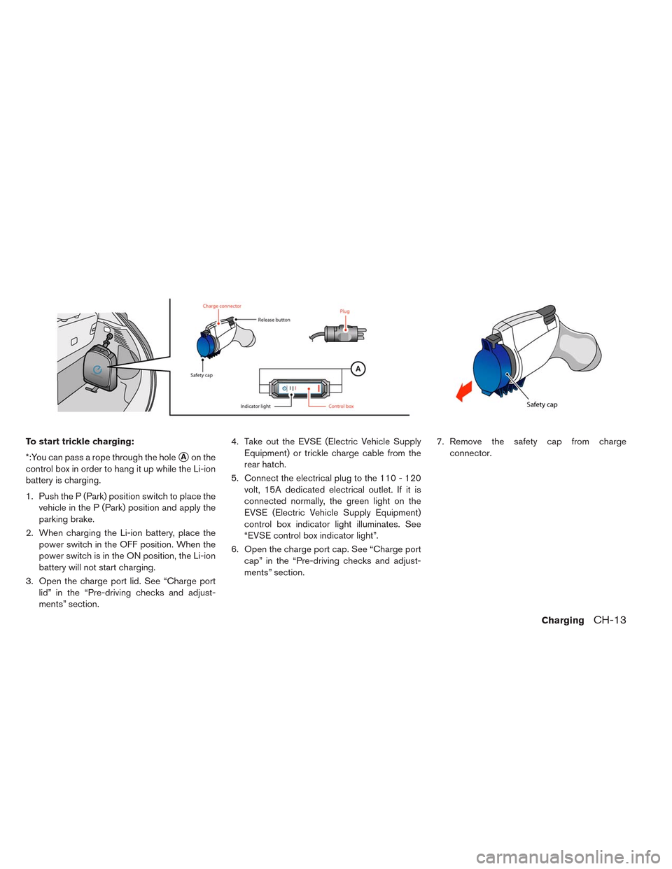 NISSAN LEAF 2014 1.G Owners Manual To start trickle charging:
*:You can pass a rope through the hole
Aon the
control box in order to hang it up while the Li-ion
battery is charging.
1. Push the P (Park) position switch to place the
ve NISSAN LEAF 2014 1.G Owners Manual To start trickle charging:
*:You can pass a rope through the hole
Aon the
control box in order to hang it up while the Li-ion
battery is charging.
1. Push the P (Park) position switch to place the
ve