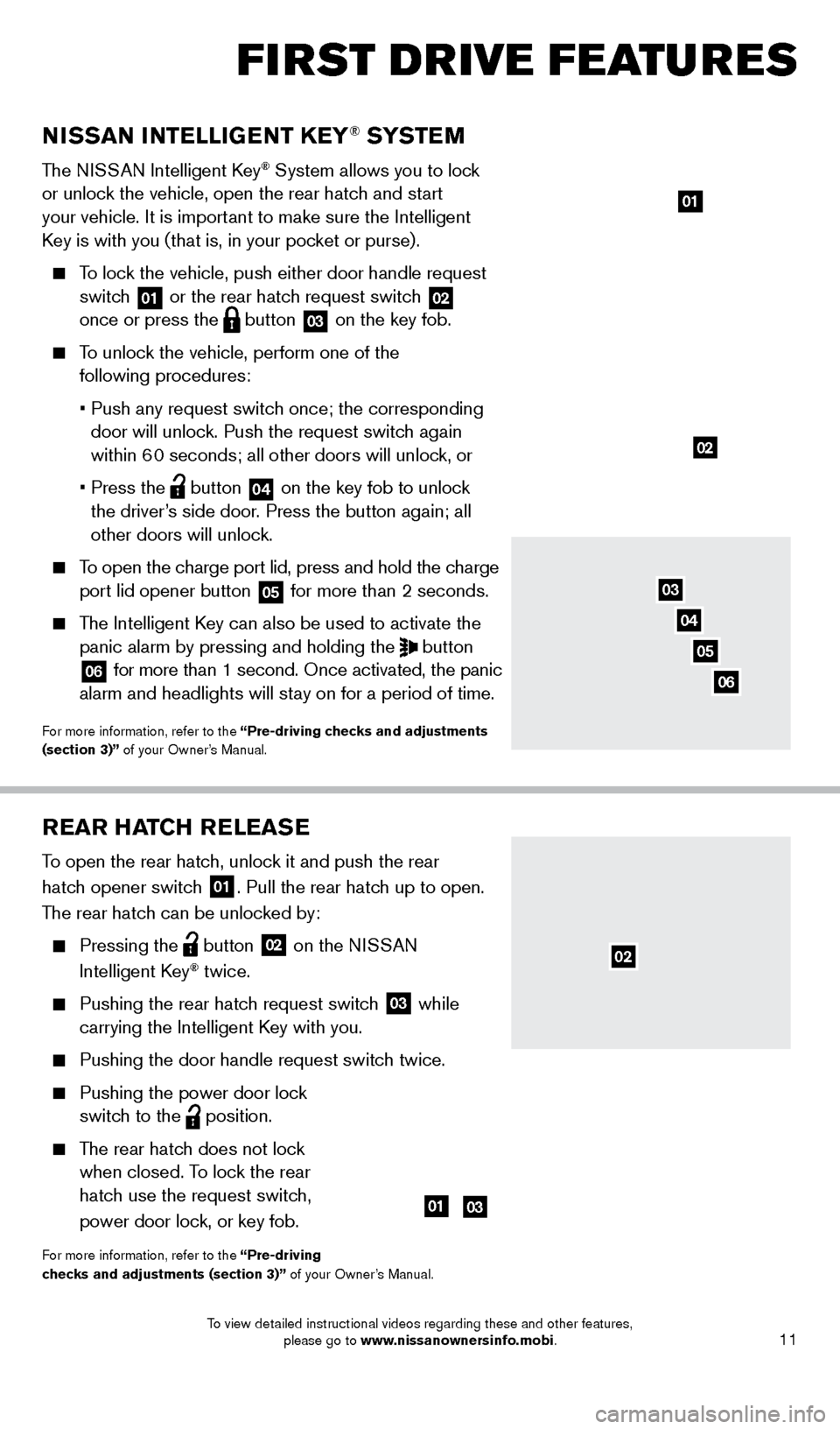 NISSAN LEAF 2014 1.G Quick Reference Guide 11
REAR HATCH RELEASE
To open the rear hatch, unlock it and push the rear  
hatch opener switch 
01. Pull the rear hatch up to open. 
The rear hatch can be unlocked by:
    Pressing  the   button
 02 